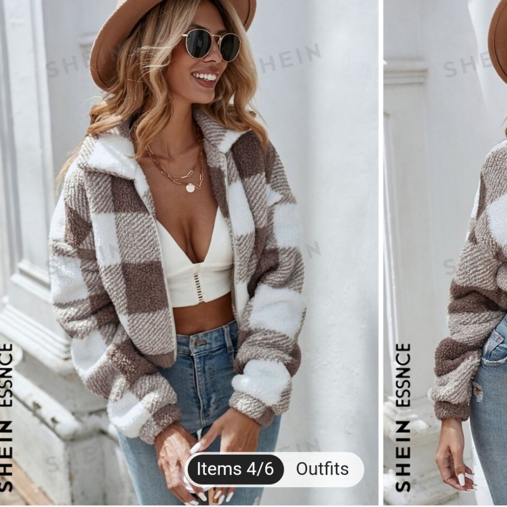 SHEIN Essnce Plaid Drop Shoulder Zipper Flannel Sherpa Fleece Soft Crop Jacket L